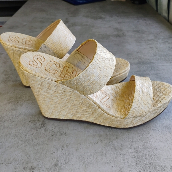 Schutz Tarla Platform Wedge Sandals Womens 8.5B Straw Basket Weave Tropical - Picture 4 of 15